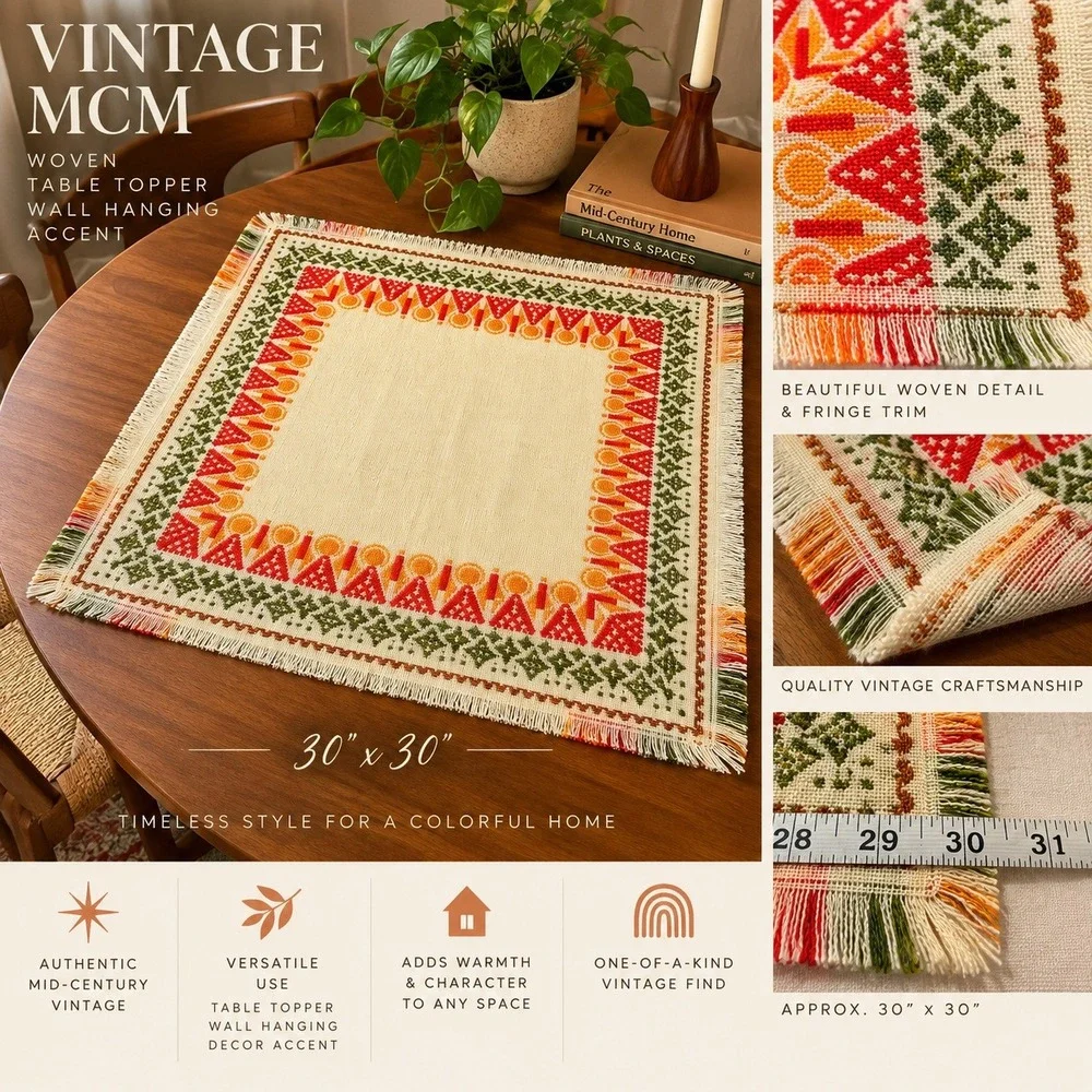 Vintage MCM Retro Woven Table Topper Wall Hanging Geometric Orange Green 30x30